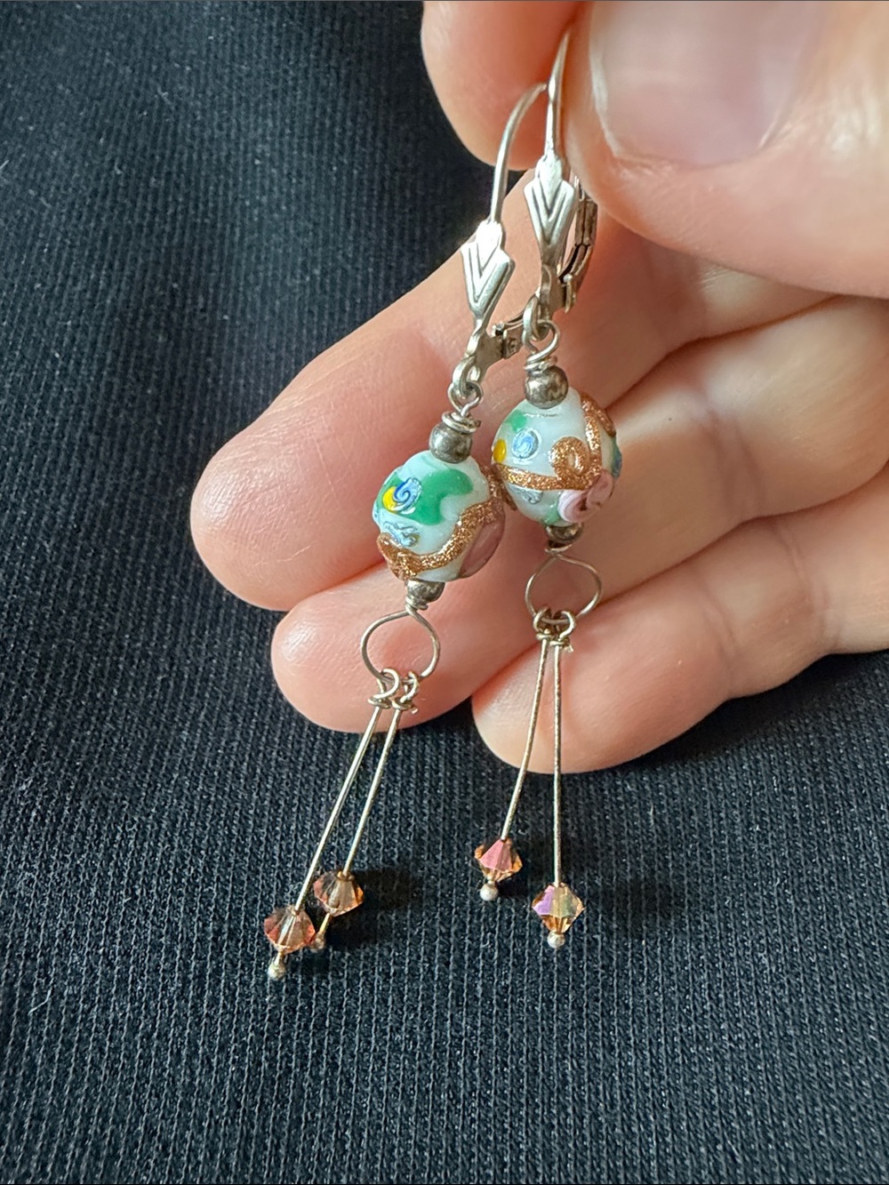 Vintage 925 sterling silver long drop earrings floral Murano glass